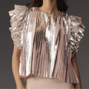 Anthropologie Statement Flutter-Sleeve Foil Pleated Top. Size L. NWT.
